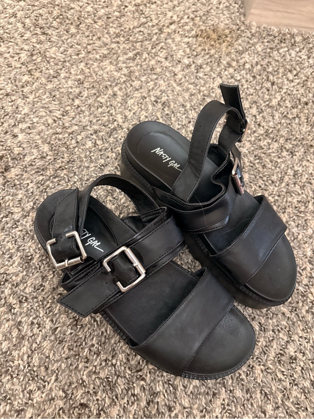 Nasty Gal Black Chunky Buckle Platform Sandals - Never Worn